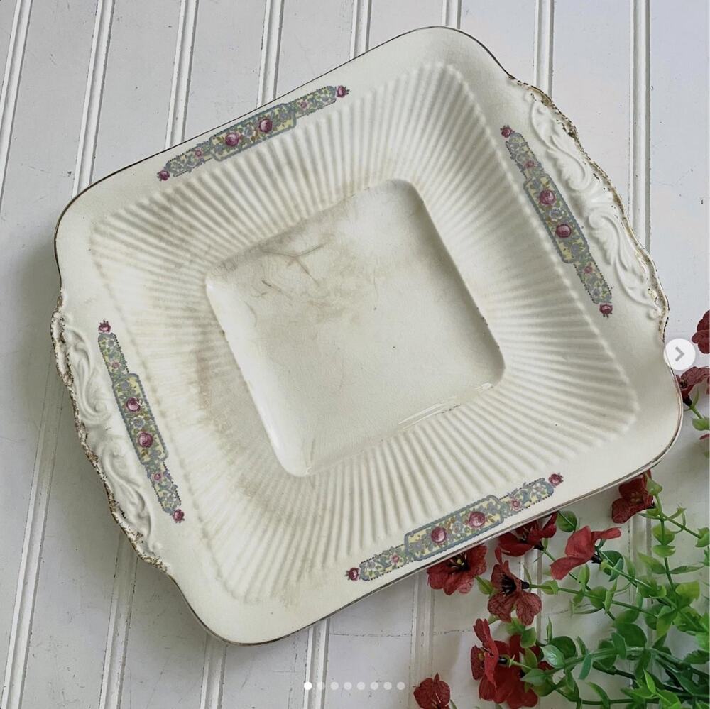 Vintage Crazed Stained Square Ribbed Platter Floral Design Cracks